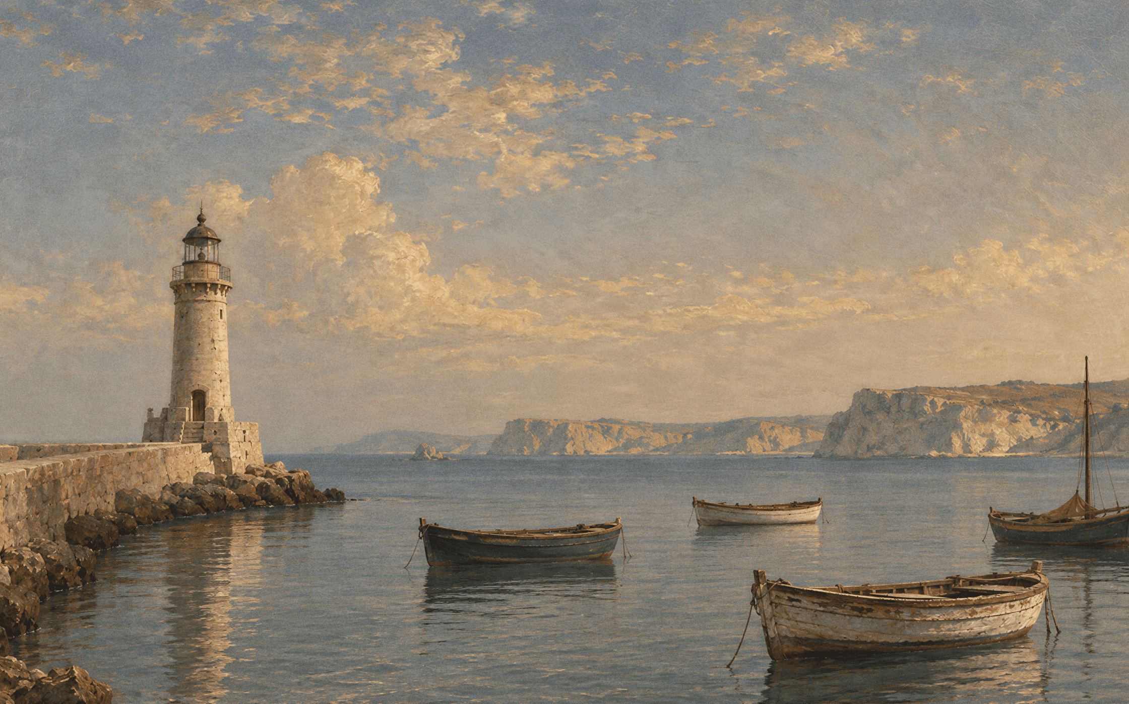 Lighthouse overlooking boats along a rocky coast